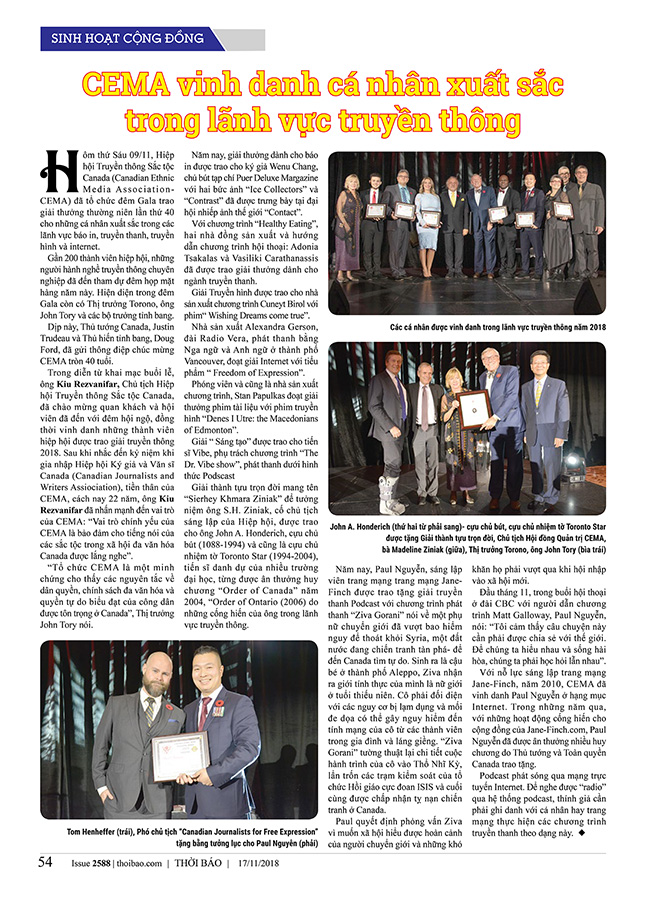 Thoi Bao article featuring Paul Nguyen winning 2018 CEMA Award